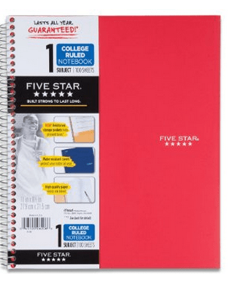 Five Star 1-Subject Notebook, 100 Sheets, $1