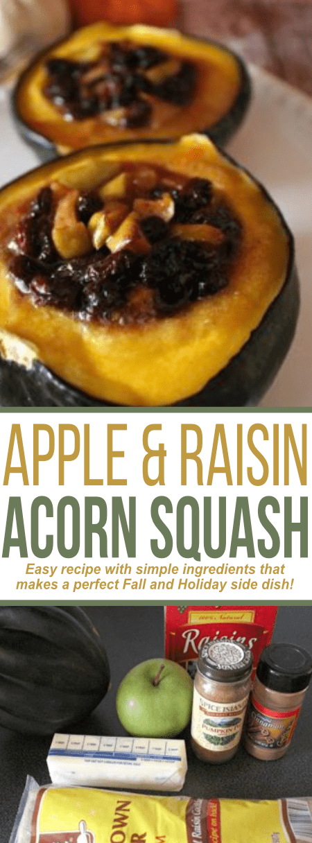 Simple and inexpensive recipe for Apple and Raisin Stuffed Acorn Squash. #recipes