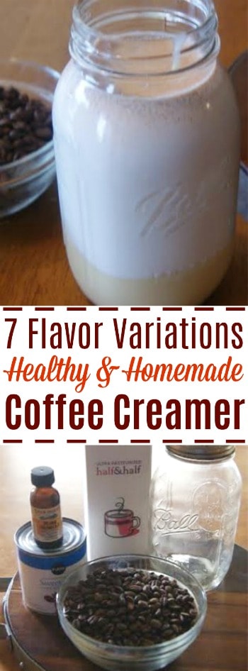 This easy coffee creamer recipe can be spiced up with 7 different variations! Super easy to make your own!