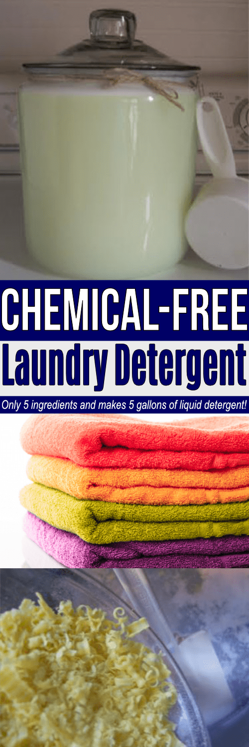 With just 5 ingredients, this liquid laundry detergent recipe makes 5 gallons of detergent! Best part: it's chemical-free!!