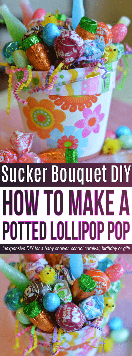 Learn how how to make a lollipop centerpiece. This easy DIY takes under an hour and is great for a wedding, bridal shower, baby shower or school party!