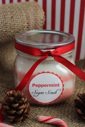 Easy Homemade Peppermint Sugar Scrub DIY. This has a free printable label to use if you are making batches as gifts!