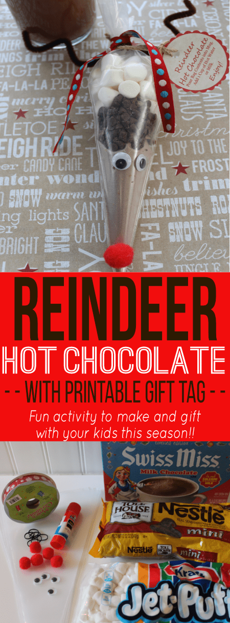 This Reindeer Hot Chocolate Mix is a simple gift that would be cute for a classroom party. It's easy enough that the kids can assemble themselves. Don't forget to print the free gift tag to take along too!