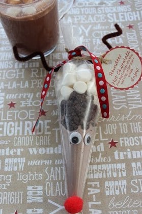 This Reindeer Hot Chocolate Mix is a simple gift that would be cute for a classroom party. It's easy enough that the kids can assemble themselves. Don't forget to print the free gift tag to take along too!