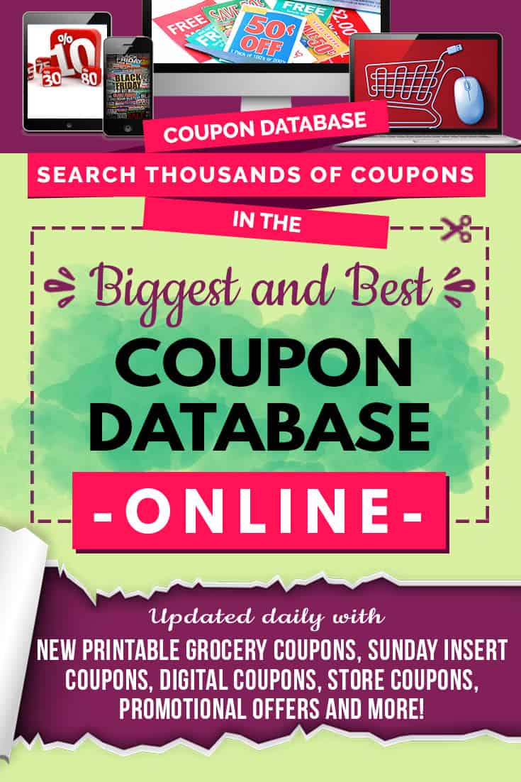 Free coupon database online! Updated daily with printable grocery coupons, Sunday insert coupons, digital coupons, store coupons and more! Search thousands of coupons to help you save more. via @AndreaDeckard
