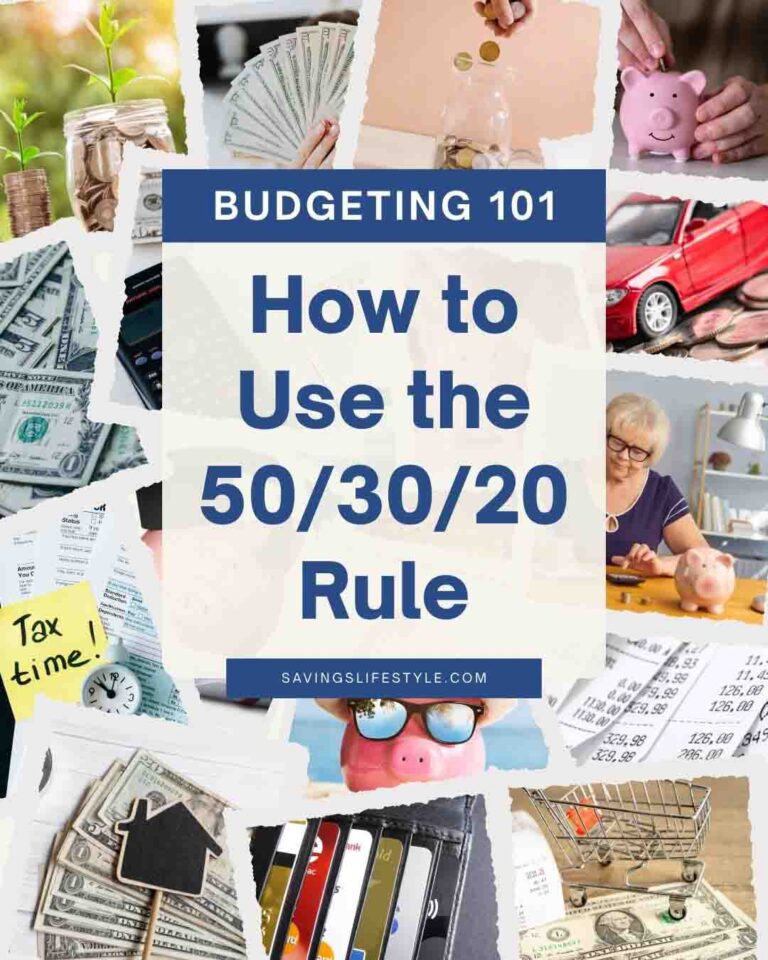 Personal finance visual guide for using the 50/30/20 budgeting rule with piggy banks, cash, and shopping cart images