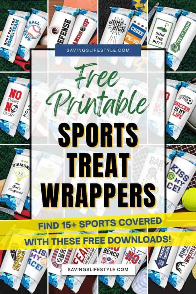 Colorful vertical collage of free printable sports treat wrappers for game day, showing designs for baseball, football, basketball, golf, soccer, and more with the text “Free Printable Sports Treat Wrappers – 15+ Sports Covered.”
