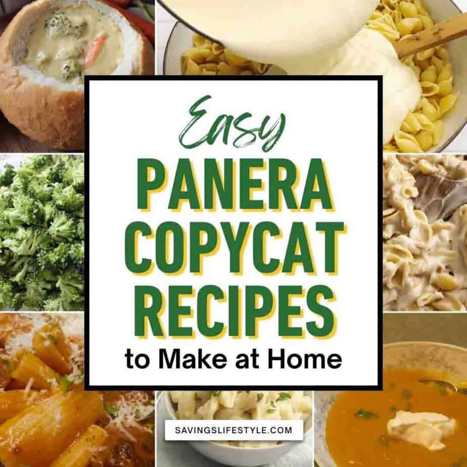 A collage of soups and pasta dishes inspired by Panera Bread with a central text overlay that reads “Easy Panera Copycat Recipes to Make at Home”